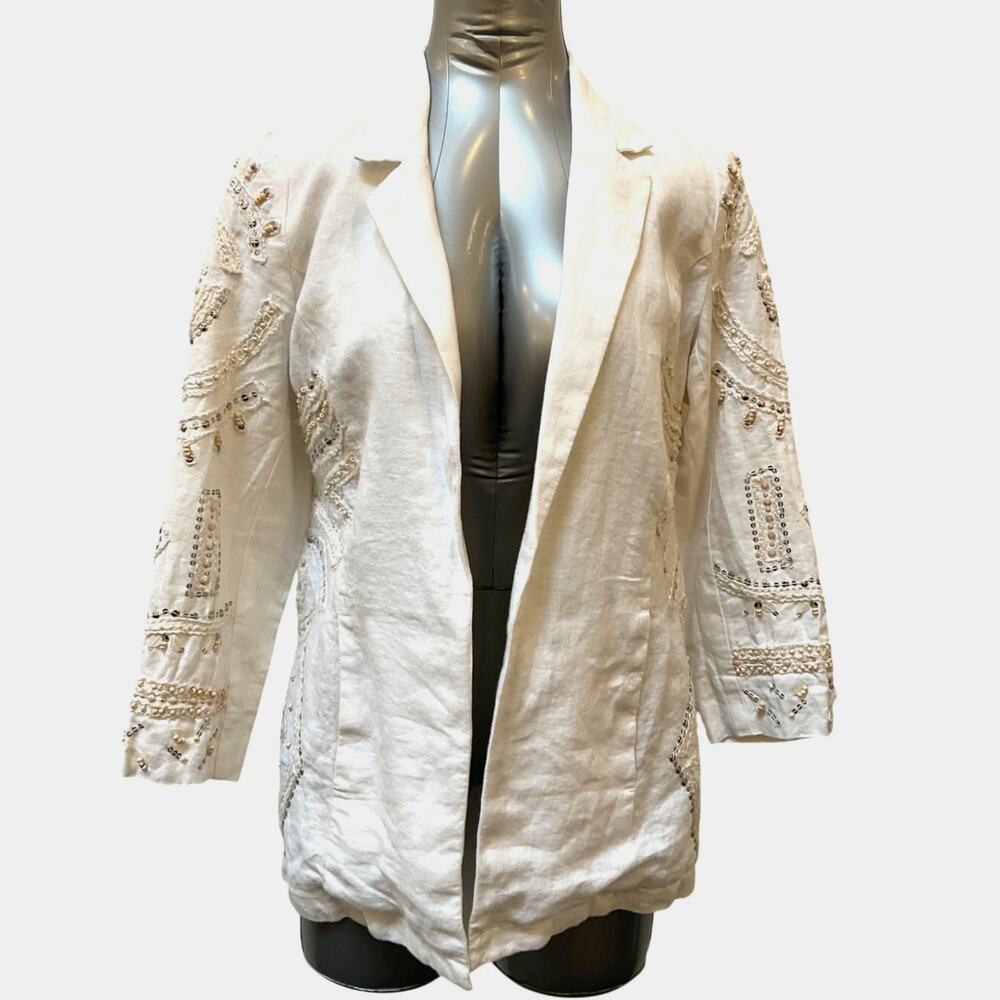 NWT Chico's Beaded Embellished Linen Blazer Women's Size XS White